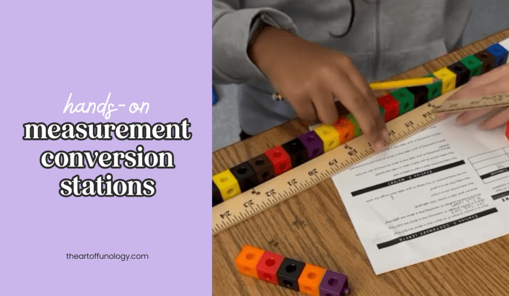 Students participating in a hands-on measurement activity using rulers and measuring tapes to practice unit conversions in a 5th-grade classroom.