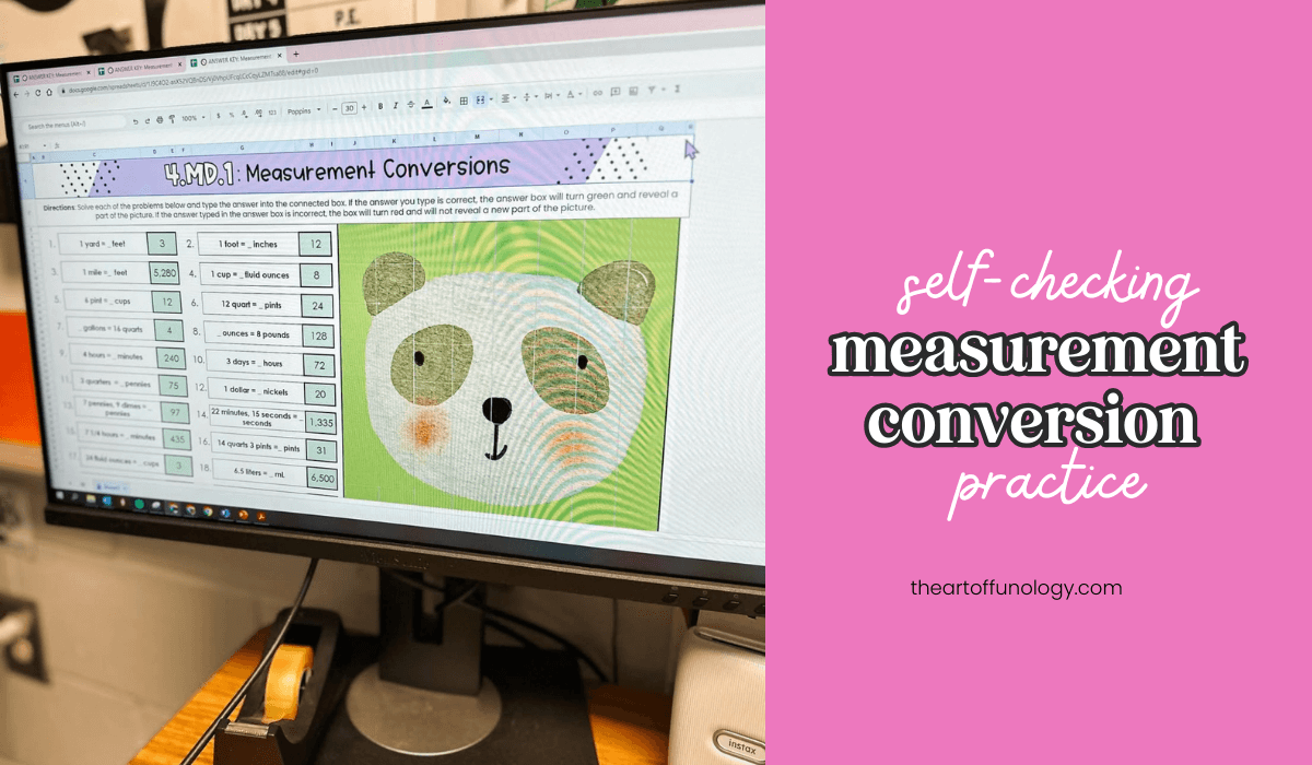 Screenshot of a digital pixel art math activity where students solve measurement conversion problems to reveal a mystery image.