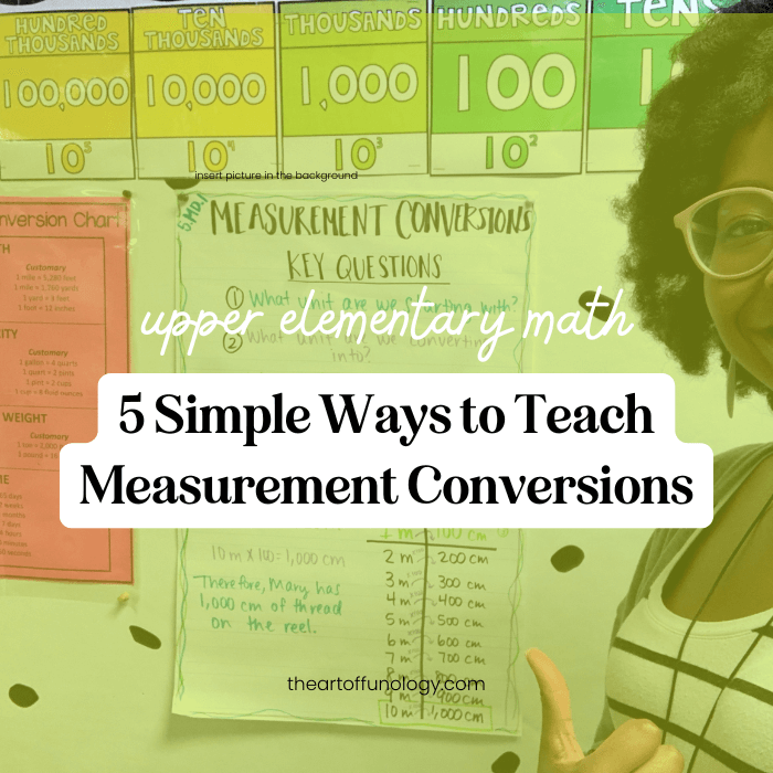 A 5th-grade math classroom where students are working on measurement conversions using hands-on activities and unit conversion charts.