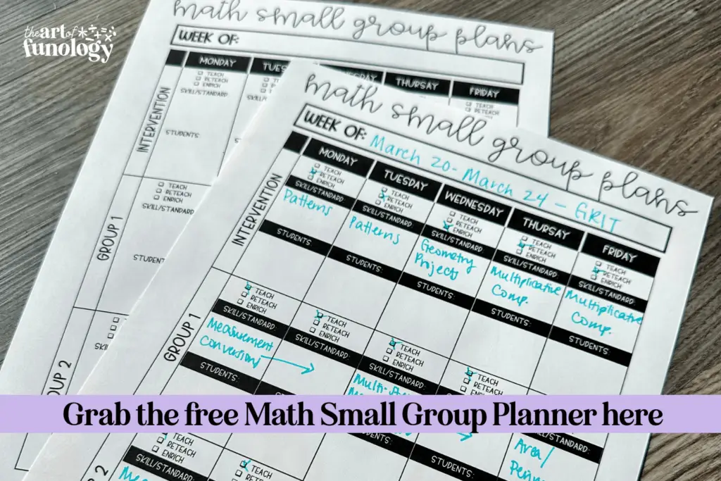 Call-to-action image promoting the free Math Small Group Planner, a tool to help teachers organize student data and small group notes before conferences.