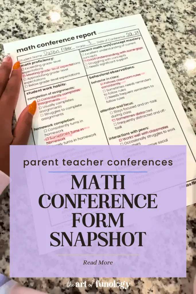 Preview image of the Math Parent–Teacher Conference Form showing a sample of strengths, growth areas, and next steps for upper elementary students.