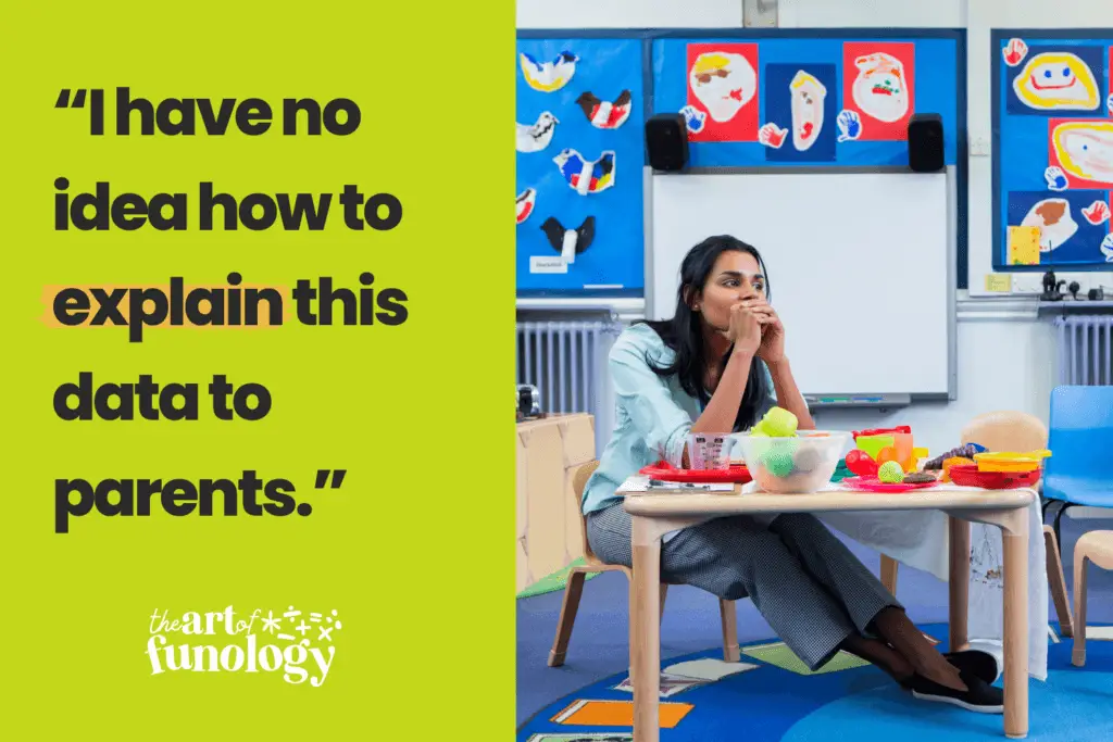 Quote graphic with the text: “I have no idea how to explain this data to parents.” Used to represent teacher stress during spring parent conferences.