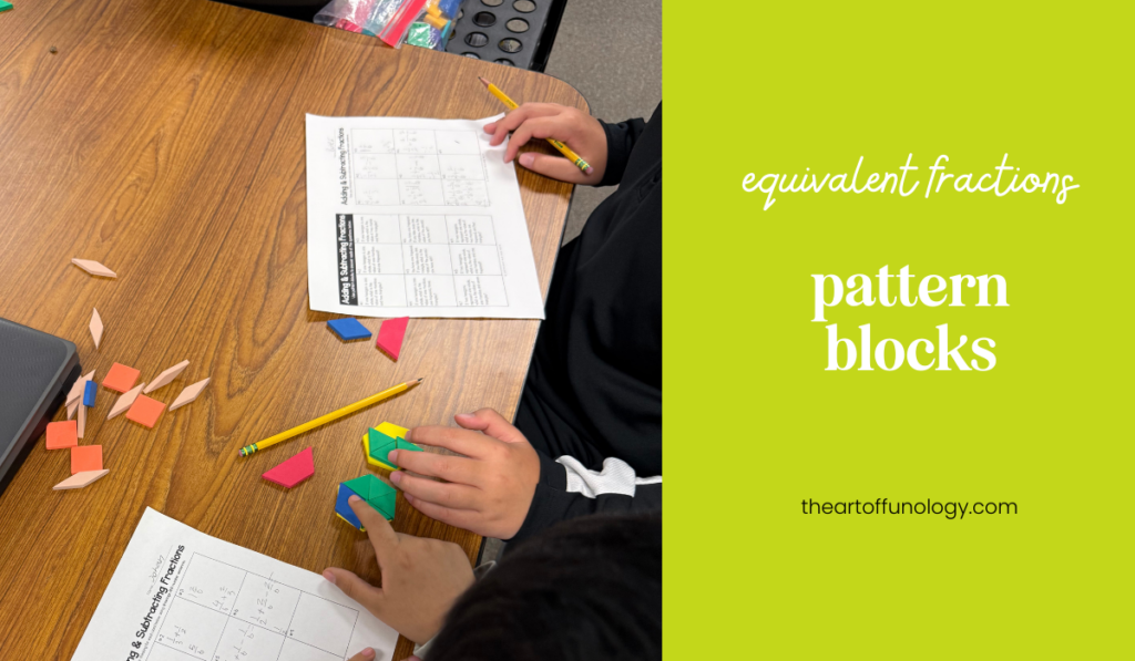 Pattern blocks used to model equivalent fractions with hexagons, trapezoids, and triangles on a math mat.