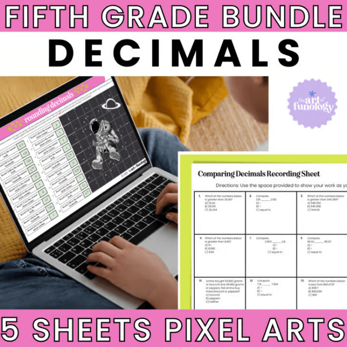 Pixel art math activity for practicing decimal addition and subtraction