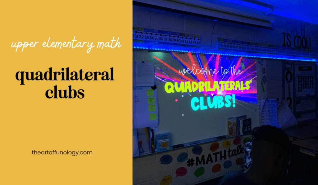 Students participating in a quadrilateral clubs activity to classify quadrilaterals by attributes during an upper elementary math lesson.