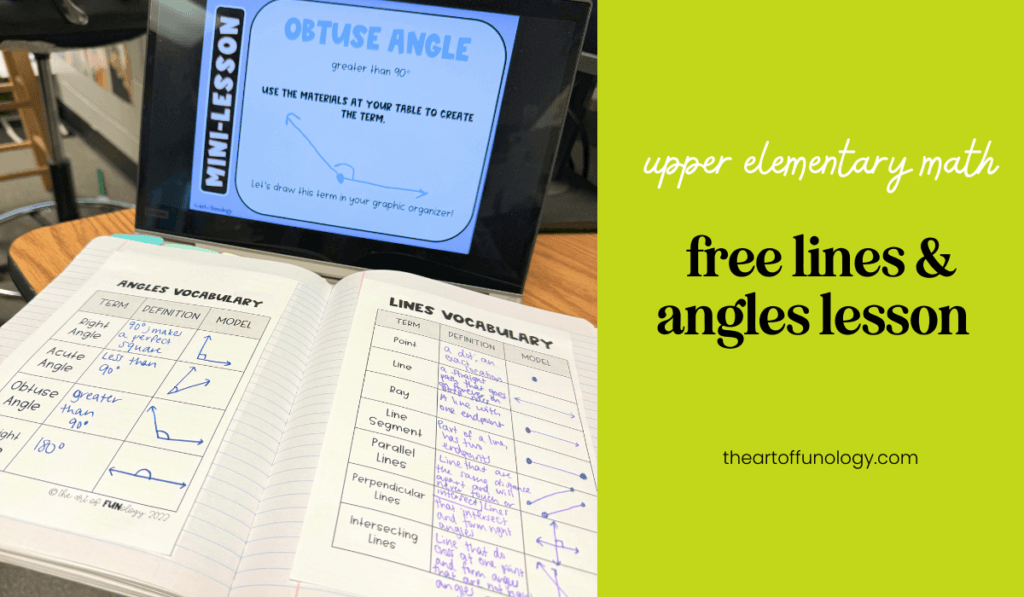 Student math notebooks showing definitions and examples of lines and angles during an upper elementary geometry lesson.