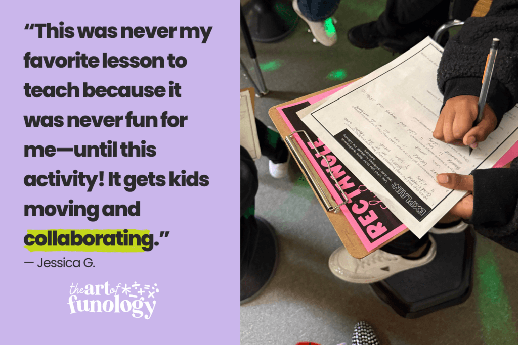 Teacher feedback highlighting how the Quadrilateral Clubs activity gets students moving and collaborating during geometry instruction.